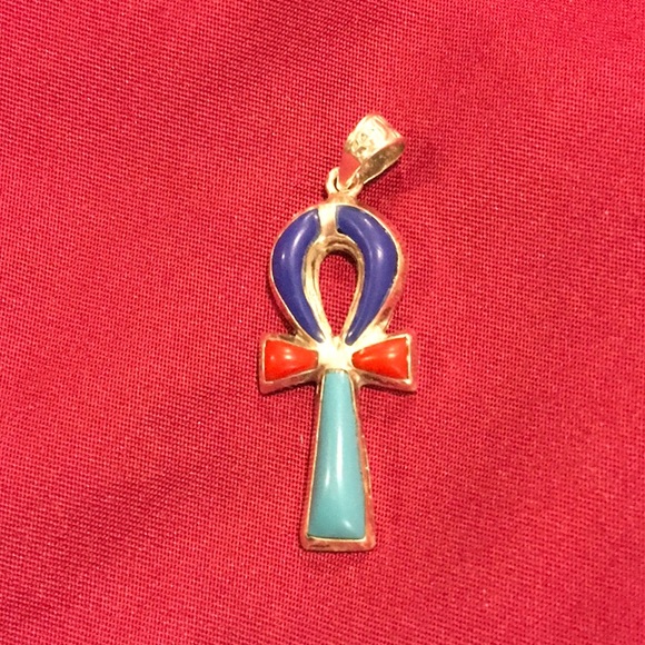Silver Lapis/ Turquoise/ Coral Unkh Made In Egypt - Picture 3 of 6